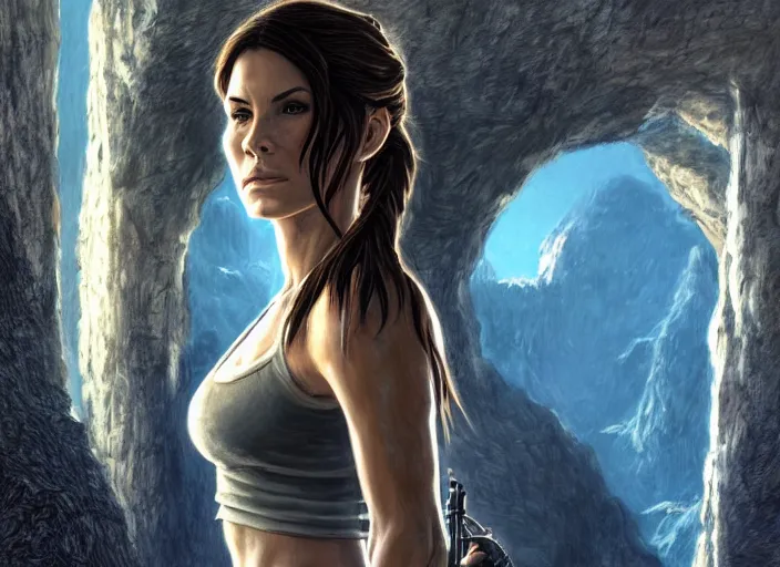 Image similar to face portrait of concentrated young Sandra Bullock as Lara Croft entering the large Minas Tirith gate, sun beams, intricate, elegant, highly detailed, centered, digital painting, artstation, concept art, smooth, sharp focus, illustration, Allan Lee, John Howe