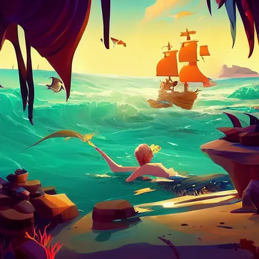 Image similar to painting mermaid treasure on sea of thieves game avatar hero smooth face median photoshop filter cutout vector, behance hd by jesper ejsing, by rhads, makoto shinkai and lois van baarle, ilya kuvshinov, rossdraws global illumination