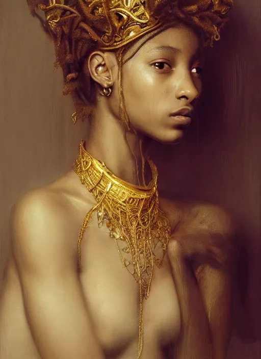 Image similar to portrait of willow smith, gold crown and barechest, intricate, elegant, highly detailed, artstation, concept art, sharp focus, ruan jia, jurgens, orientalism, bouguereau