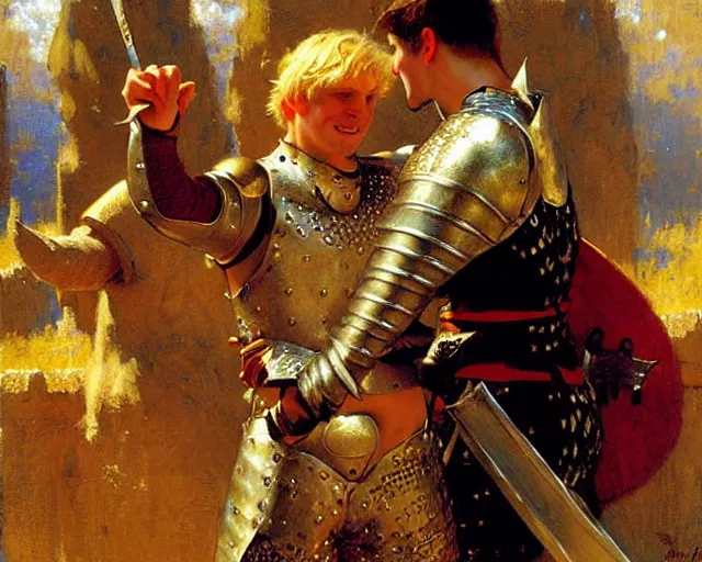 Image similar to arthur pendragon flirting wit his knight. the knight is also flirting back, highly detailed painting by gaston bussiere, craig mullins, j. c. leyendecker