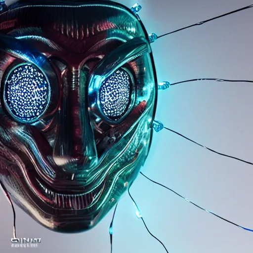 Prompt: realistic photograph of a futuristic shaman mask made of chrome scales and glowing fiber optic wires, zeiss lens, artstation, octane render