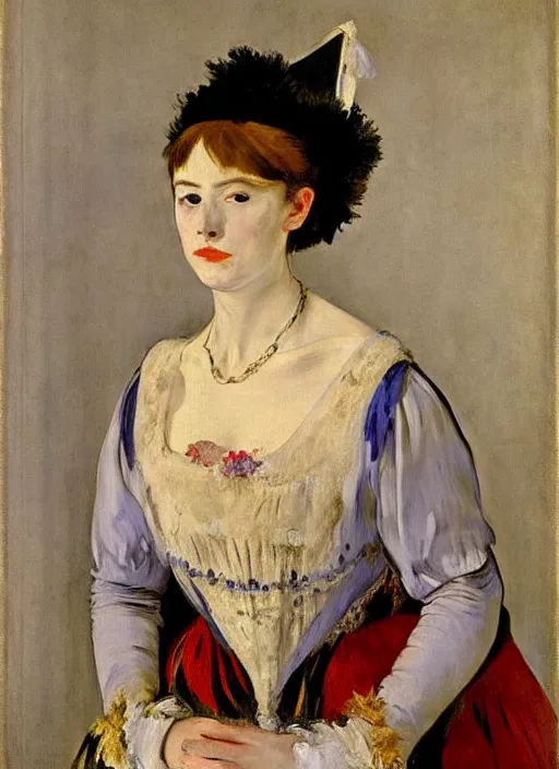 Prompt: portrait of young woman in renaissance dress and renaissance headdress, art by edouard manet