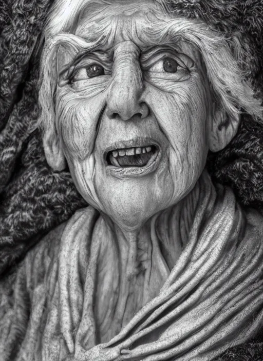 Prompt: screaming a hyper realistic ultra realistic photograph of the 1000 foot tall grandma, highly detailed, 8k photo