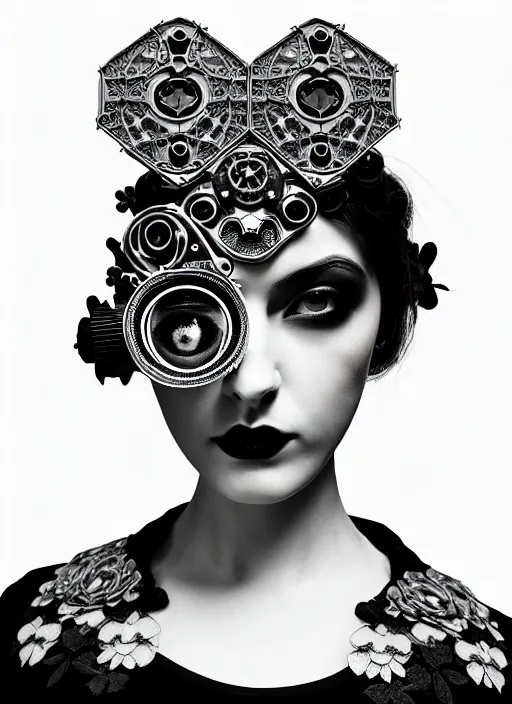 Prompt: black and white gothic masterpiece profile portrait, one steampunk eye silver hexagonal meshes floral biomechanical beautiful young female cyborg - vampire, big monocular, volumetric light, hibiscus flowers, by hg giger, rim light, big gothic fashion pearl embroidered collar, 8 k