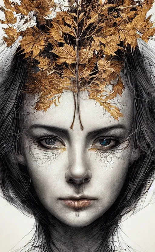 Image similar to golden leaves at frame border, creative!!! composition for a book cover!!!, absurdly beautiful, ultrafine hyperrealistic detailed old witch face by wlop and artgerm and greg rutkowski, intricate linework, sharp focus, smooth, octopath traveler, final fantasy, unreal engine, dramatic lighting, ethereal, 8 k