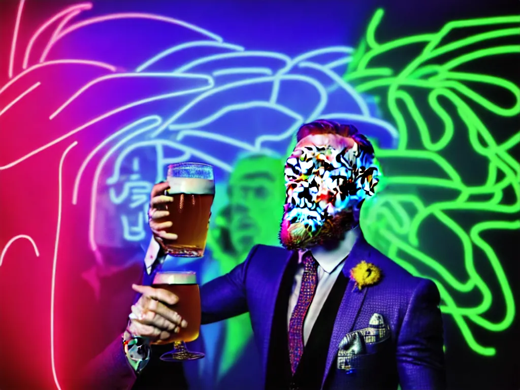 Prompt: a well framed portrait of conor mcgregor drinking a beer in an irish pub with a neon bar, laser show with blue cloud patterns, trending on art station, in the style of the movie heat with al pacino, volumetric lighting & shadows, digital art, unreal engine, 4 0 0 mm f 1. 2,