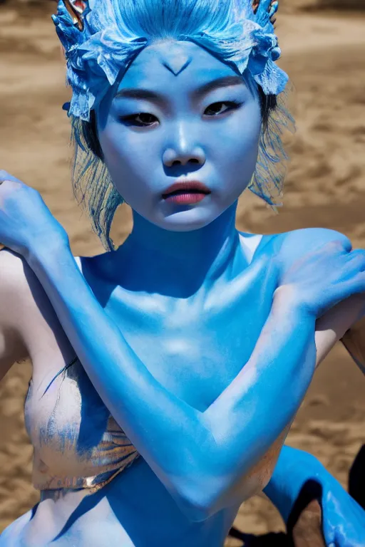 Image similar to a chinese woman dressed as a blue-skinned triton standing on a beach, blue body paint, high resolution film still, 8k, HDR colors, cosplay, outdoor lighting, high resolution photograph, photo by bruce weber, beautiful symmetric face