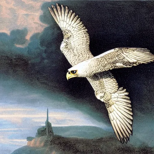 Prompt: turning and turning in the widening gyre, the falcon cannot hear the falconer