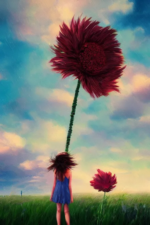 Image similar to closeup, giant flower head, a girl on beach, surreal photography, wind and cold, dramatic sky, impressionist painting, digital painting, artstation, simon stalenhag