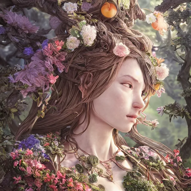 Prompt: the portrait of chaotic good female druid botanist as absurdly beautiful, gorgeous, elegant, realistic young gravure idol, an ultrafine hyperdetailed illustration by kim jung gi, irakli nadar, intricate linework, sharp focus, bright colors, octopath traveler, final fantasy, unreal engine 5 highly rendered, global illumination, radiant light, detailed and intricate environment