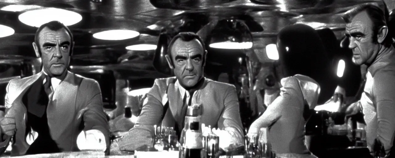 Prompt: a film still of Sean Connery as James Bond arguing with aliens in the cantina bar in Star Wars 1977 high quality .