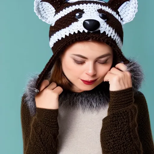 Image similar to a crocheted raccoon hat, very detailed animal hat, cute details, product photo, promotional image, sharp focus, studio lighting