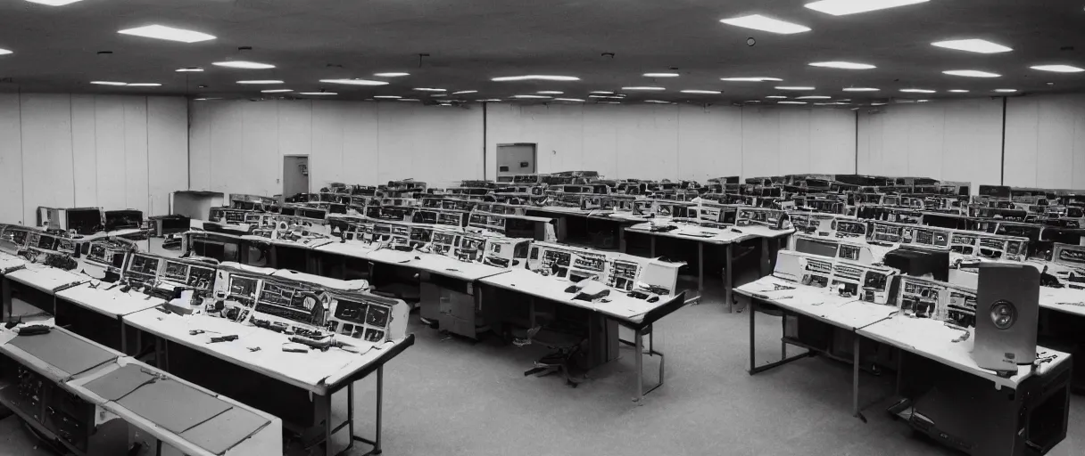 Image similar to movie still 4 k uhd 3 5 mm film color photograph of an abandoned computer laboratory control room full of cold war era computers