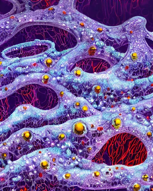 Image similar to super surreal detailed hyperrealist painting of futuristic diorama of purple firefly insects made out of mandelbulb silver metallic spheres floating leak highlighter glowing red neon slime in the white snow artic tundra unreal engine gouache detailed painting