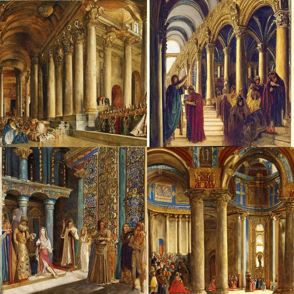 Prompt: very detailed interior of a Byzantine cathedral with Salomé dancing before Herod and his courtiers in the style of Gustave Moreau, Max Klinger