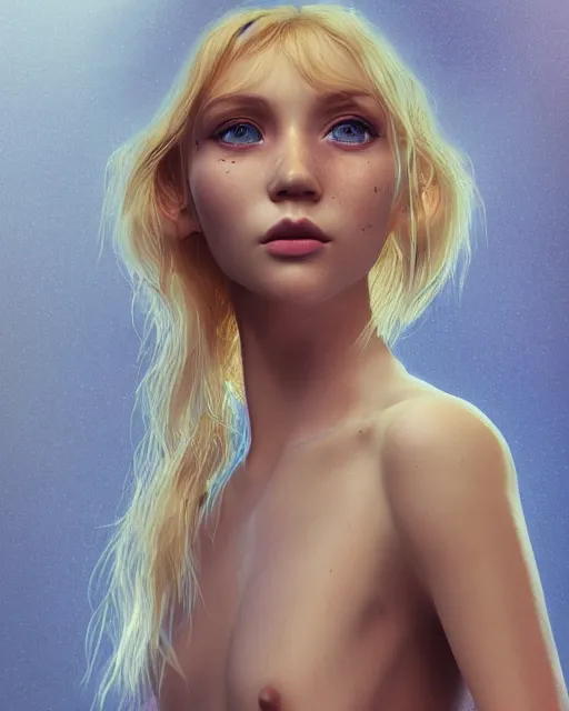 Image similar to portrait of a pretty russian girl, blue eyes, freckles, blonde hair, half korean, au naturel, hyper detailed, digital art, trending in artstation, cinematic lighting, studio quality, smooth render, fluorescent skin, unreal engine 5 rendered, octane rendered, art style by klimt and nixeu and ian sprigger and wlop and krenz cushart