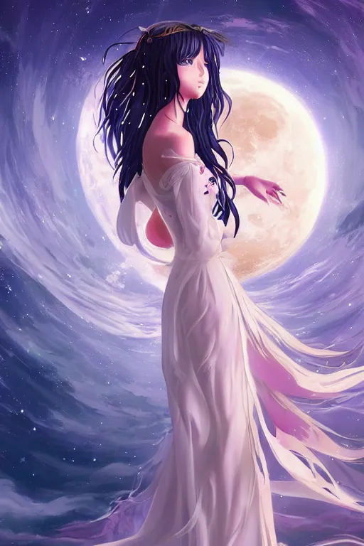 Image similar to anime key visual of a beautiful young moon spirit, wearing the long flowing dress of infinite mystery, intricate, dream realm, stunning, highly detailed, digital painting, artstation, smooth, hard focus, illustration, art by artgerm