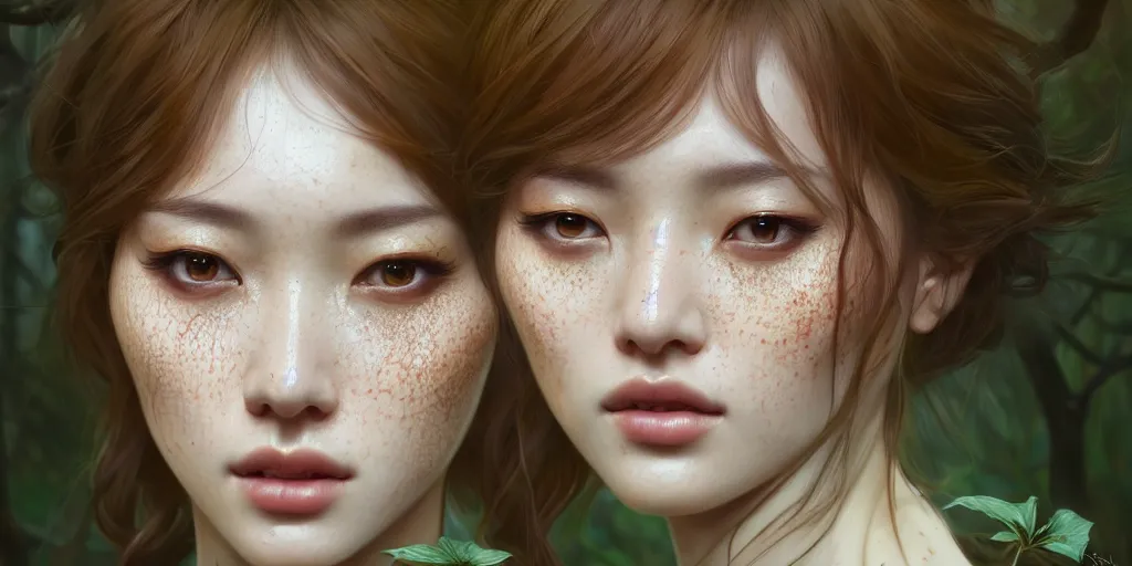 Image similar to beautiful digital painting of a hoyeon jung stylish female forest with high detail, real life skin, freckles, 8 k, stunning detail, works by artgerm, greg rutkowski and alphonse mucha, unreal engine 5, 4 k uhd