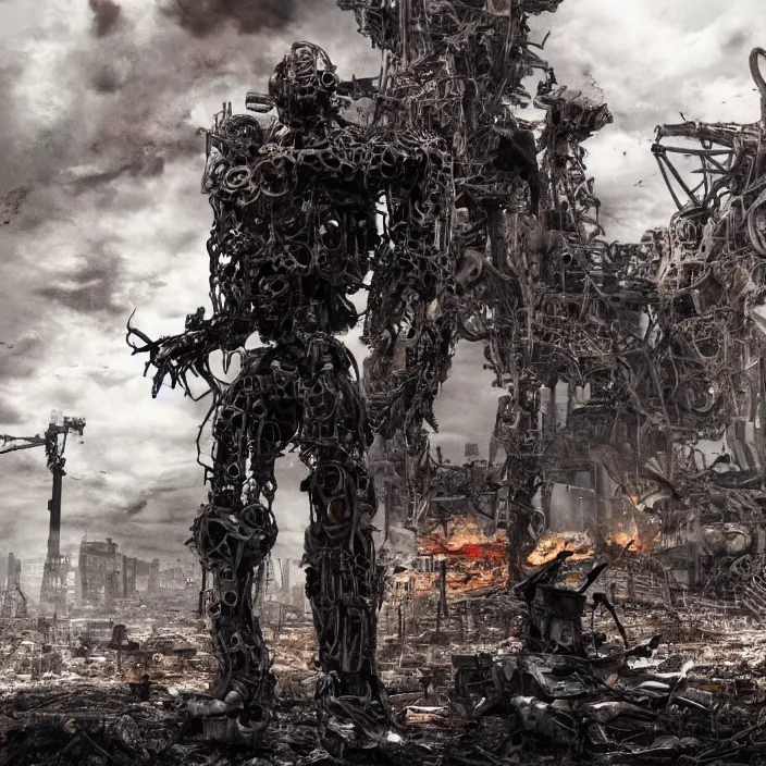 Image similar to gritty humanoid apocalyptic cyborg standing amongst destroyed machinery, hyper - detailed, sharp focus, 4 k ultra hd, fantasy dark art, apocalyptic art