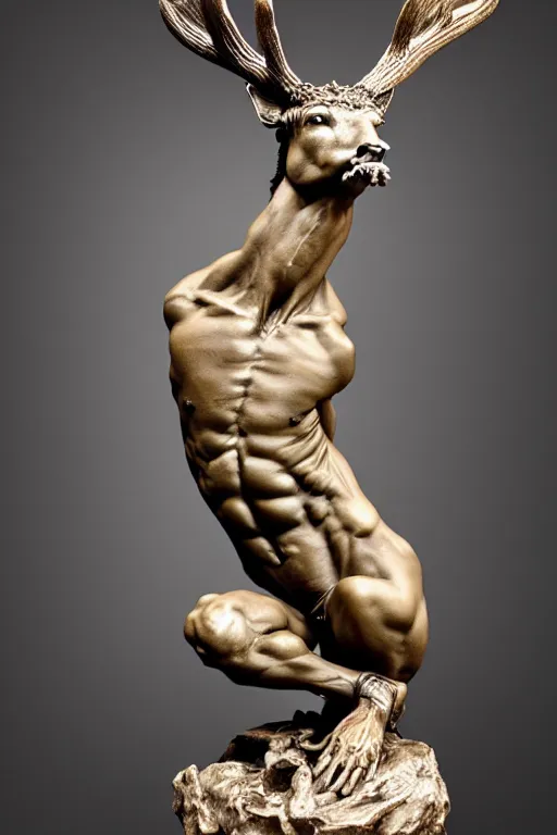 Image similar to full view of an intricate and detailed deer-man statue made on polished tan marble sculpted by Bernini and Nicola Samori, style of Maxfield Parrish and Bastien Lecouffe-Deharme, ultra realistic, volumetric light