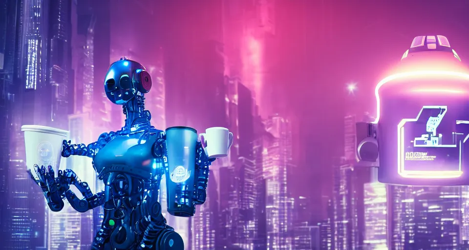 Image similar to a cyberpunk robot holding from a giant cup of coffee, background is a neon cityscape, product shot, cinematic lighting, digital art, h 9 6 0