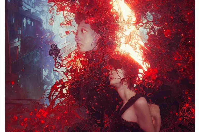 Prompt: arcs of flame, simulation of water splashes, shards of glass, dramatic lighting, cyberpunk, secret cypher, red flowers, intricate art by John Collier and Albert Aublet and Krenz Cushart and Artem Demura and Alphonse Mucha