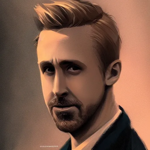 Image similar to “Portrait of Ryan Gosling by Greg Rutkowski, young, attractive, highly detailed portrait, scifi, digital painting, artstation, concept art, smooth, sharp foccus ilustration, Artstation HQ”