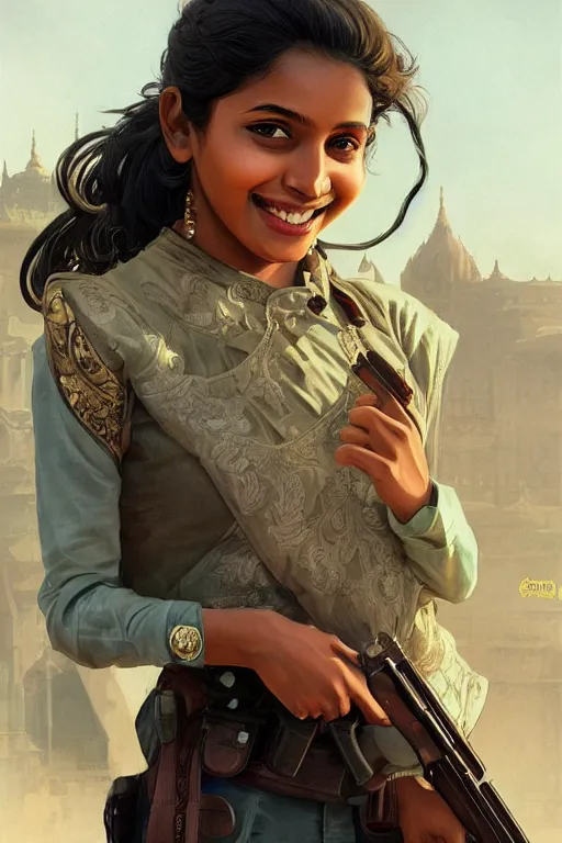 Image similar to sri lankan girl with a gun, smiling, sri lankan city, intricate, elegant, highly detailed, digital painting, artstation, concept art, smooth, sharp focus, illustration, art by artgerm and greg rutkowski and alphonse mucha