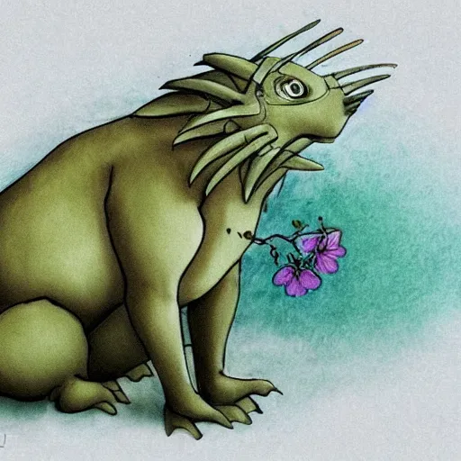 Prompt: creature sitting at the flower made by studio ghibli, detail, high quality, detailed creature, beautiful scene, smooth