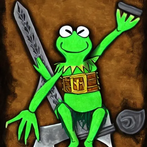 Image similar to kermit the frog as a barbarian warlord, sword and sorcery art