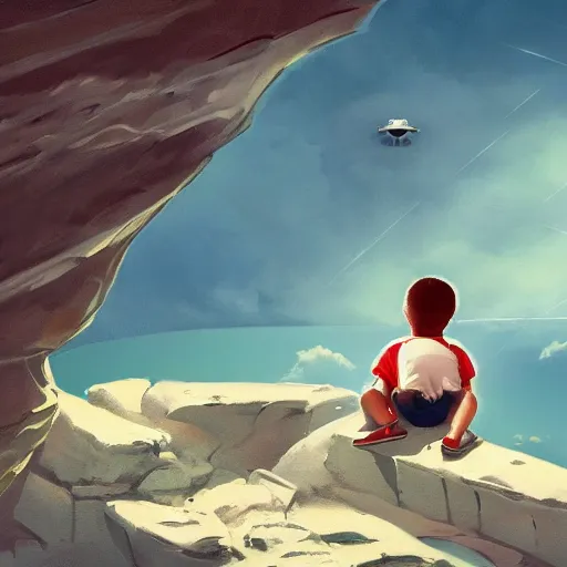Prompt: a young boy sitting near a cliff in the afternoon watching futuristic spaceships in the sky, digital art, oil on canvas, illustration, trending on Artstation