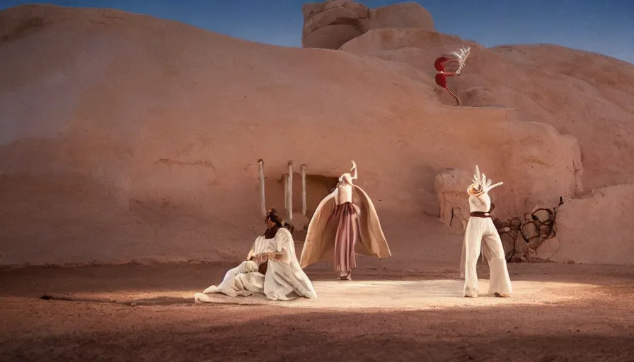 Prompt: movie still by alejandro jodorowsky of a opera company playing in the desert with a stage decoration, cinestill 8 0 0 t eastmancolor technicolor, high quality, very detailed, heavy grain, fine facial features, 8 k, octane render