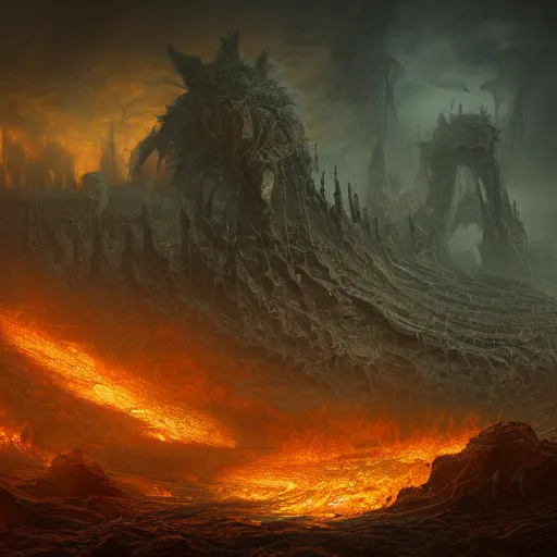 Prompt: a fiery hellscape filled with screaming, insanely detailed and intricate, golden ratio, elegant, ornate, unfathomable horror, elite, ominous, haunting, matte painting, cinematic, cgsociety, Andreas Marschall, James jean, Noah Bradley, Darius Zawadzki