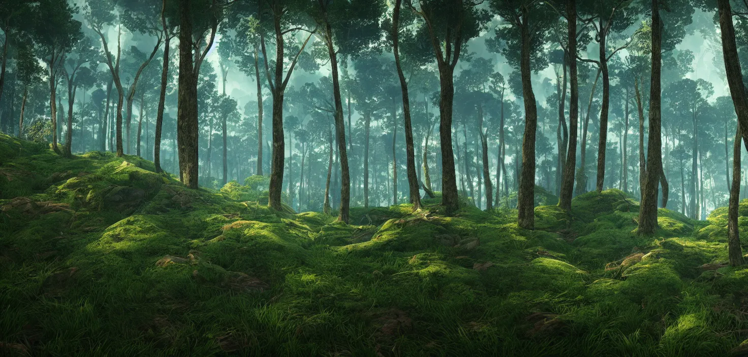 Image similar to random forest landscape, incredible, vector art, octane render, fabulous, hyper detailed, random cinematic view, no noise, global illumination