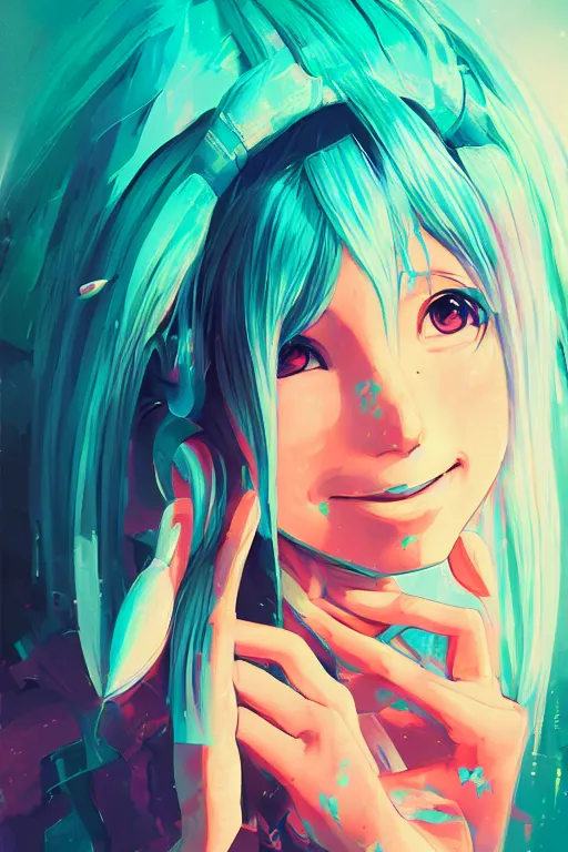 Prompt: portrait of hatsune miku, by alena aenami, by ross tran, digital art painting