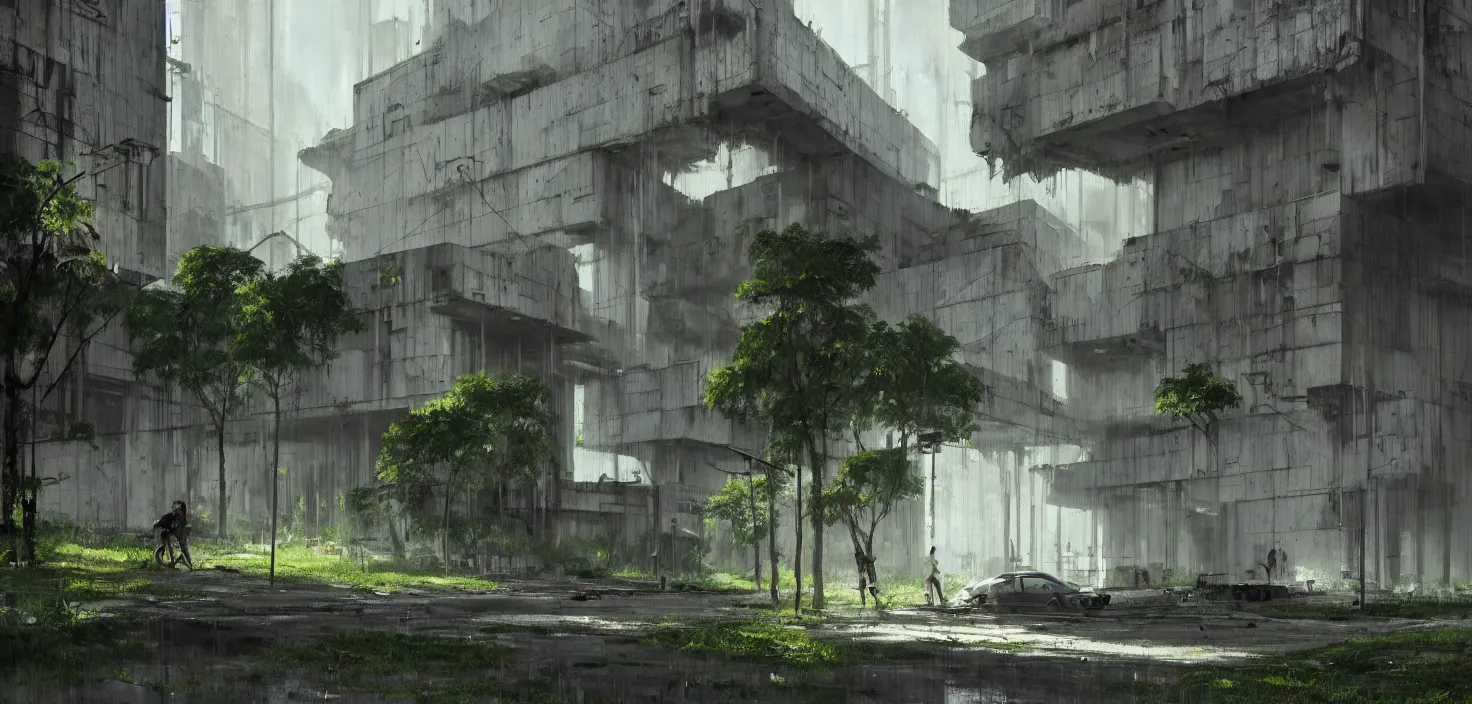 Image similar to brutalist architecture by Le Corbusier, abandoned derelict buildings, damaged structures, empty streetscapes, surrounded by lush green vegetation, volumetric lighting, digital painting, highly detailed, artstation, sharp focus, illustration, concept art, ruan jia, steve mccurry, amazing composition