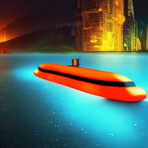 Prompt: a submarine with orange led glow stripes, wandering in the river, asia, cyberpunk, japan, land, rain, dark, lostus flowers, octance render, artstaion