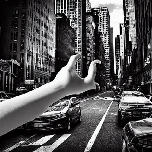 Image similar to a giant hand appear from street of new york, photorealistic, cinematic, real