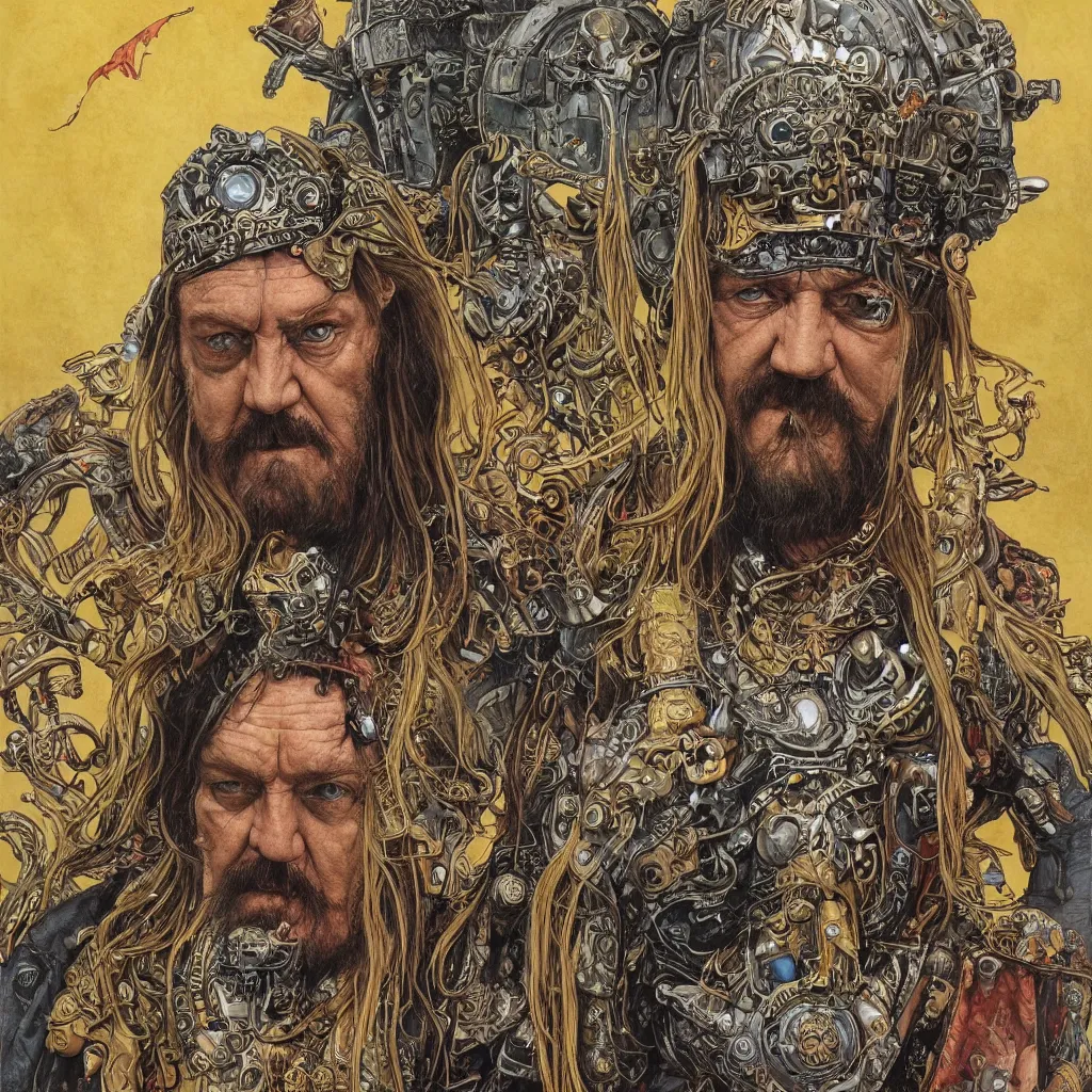Image similar to A dramatic full-color art nouveau and tribal scandinavian styled bust panorama portrait of lemmy kilmister as a tarnished panzer tank ship god-king of the universe, hyperdetailed mixed media artwork combining the styles of Travis Charest, Michael Whelan, Bill Sienkiewicz, Duncan Fegredo, Simon Bisley, Alphons Mucha, Dave McKean and Karol Bak, vast power, stoicism, pessimism, confidence, perfectly symmetrical facial features, 8k, deeply hyperdetailed, cinematic lighting, realistic mechanical details, 8k, UHD, HDR