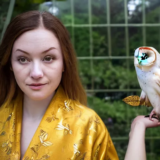 Prompt: portrait photograph of beautiful!!!! young female , symmetric face!, symmetric eyes, slight smile, natural light, wearing a yellow kimono!! with a very detailed barn owl! on her shoulder in a tropical greenhouse. looking at the camera!!. golden crown made of golden leaves. super resolution. Extremely detailed. Graflex camera!, bokeh!!!!!. by alphonse mucha.