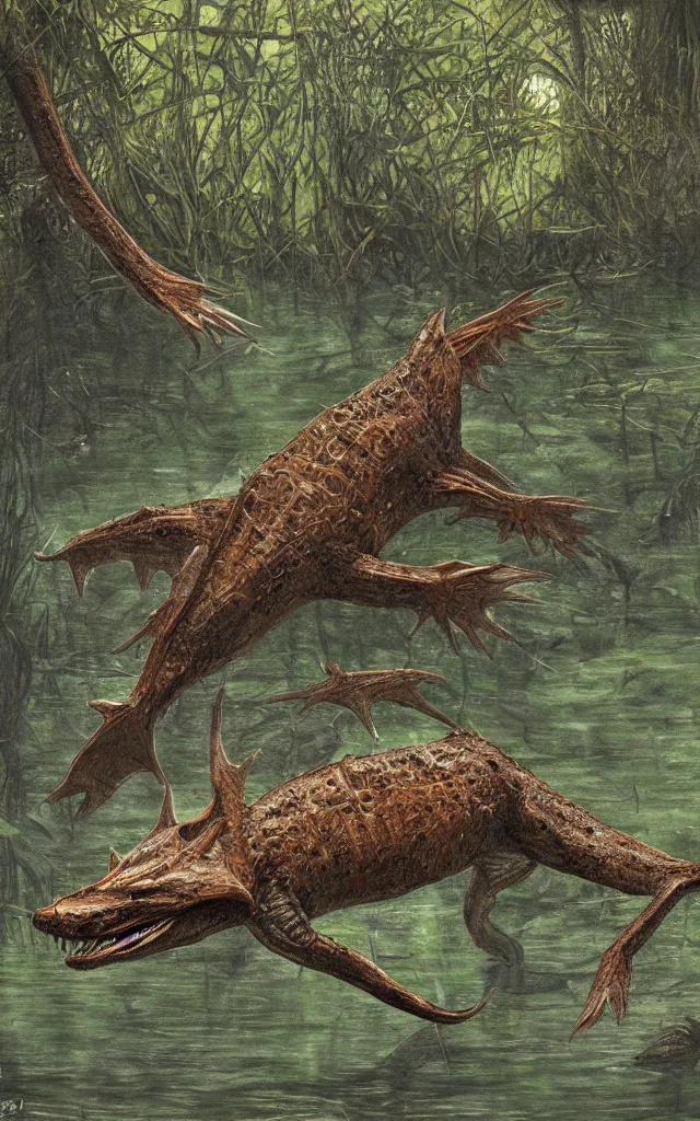 Image similar to diplocaulus living in a swamp, photorealistic, highlydetailed, paleoart