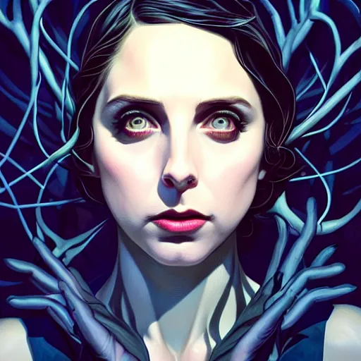 Image similar to in the style of joshua middleton, beautiful alison brie magician, black magic spells, creepy pose, bioshock, spooky, symmetrical face symmetrical eyes, three point lighting, detailed realistic eyes, aquapunk, insanely detailed and intricate elegant, artgerm, underwater home