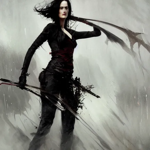 Image similar to eva green as yennifer, dynamic pose, painted by greg rutkowski