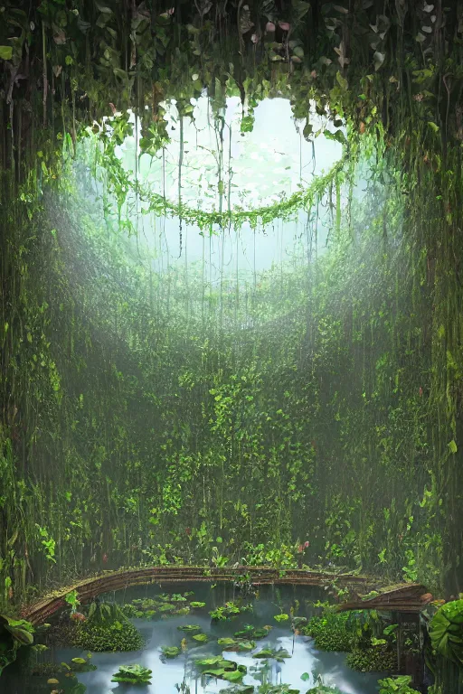 Prompt: A beautiful overgrown office interior flooded with crystal clear water, lily pads, thick and rich vines on the walls, tall ceiling, digital art, trending on Artstation