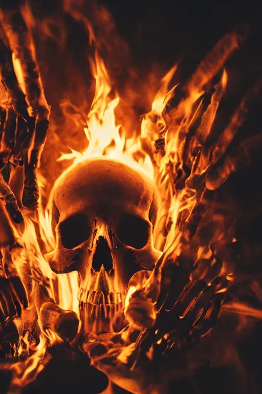 Image similar to photograph of a skull burning while being held up by a skeletal hand photorealistic, hyperdetailed, volumetric light, cinematic, f 8 aperture