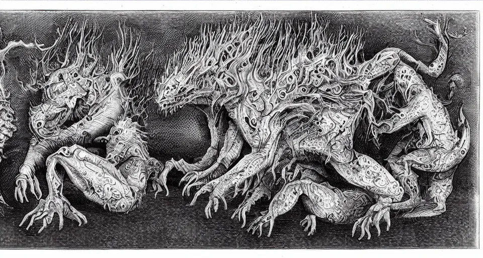 Image similar to bizarre bestiary of repressed unconscious emotional monsters and creatures