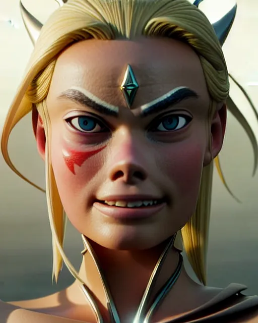 Image similar to azctec warrior, margot robbie, detailed perfect face, exquisite details, fire magic, mid view, design on a white background, by studio muti, greg rutkowski makoto shinkai takashi takeuchi studio ghibli