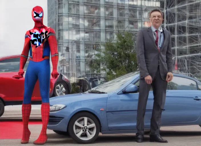 Image similar to spiderman stand next to opel sedan