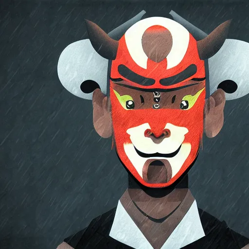 Image similar to man with a hannya mask, thunder spell, storm, landscape, artstation