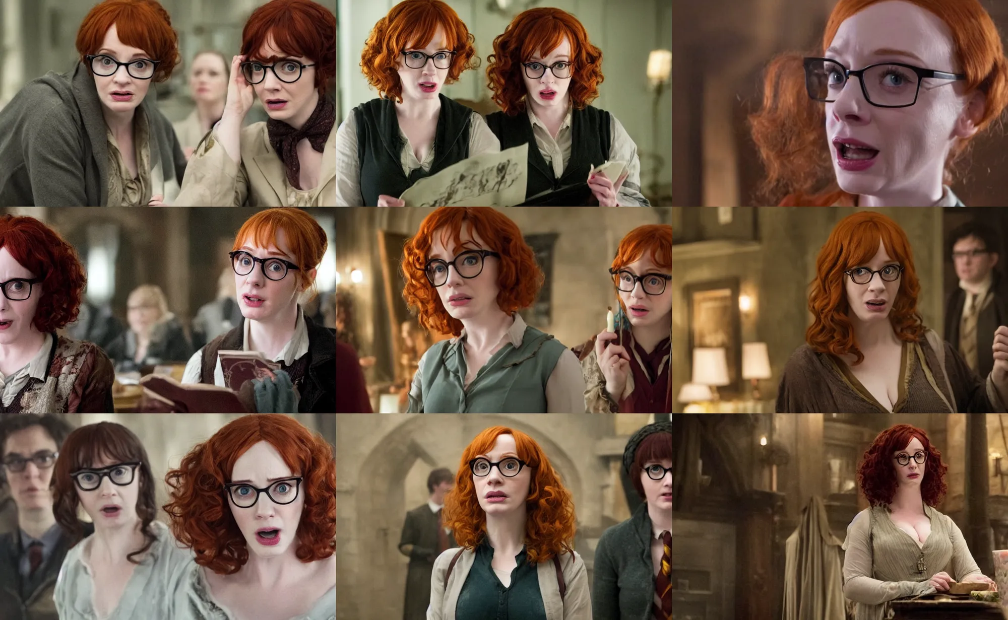 Prompt: movie still of shocked surprised christina hendricks with glasses cosplaying as harry potter from the deathly hallows, directed by david yates